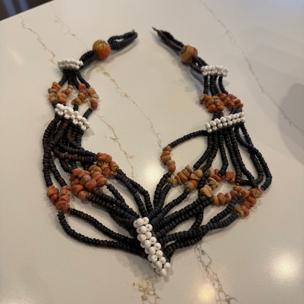 Boho Artisan Multi Strand Beaded Bib Necklace Earthy Orange Black Statement